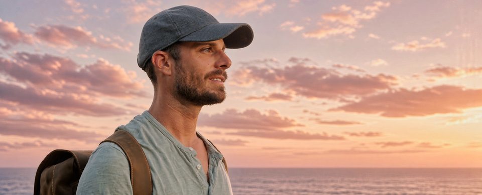 A man in a grey cap with a backpack looking out at the ocean at sunset.